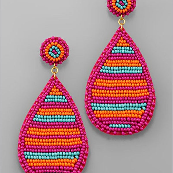 Serape Seed Bead Trendy Teardrop Beaded Earrings fuchsia, turquoise, pink, yellow  3 styles!