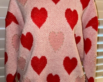 All The Love Red and Pink Heart Sweater with Pearl embellishments