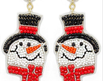 Snowman Seed Bead Statement Earrings with hat scarf and carrot nose