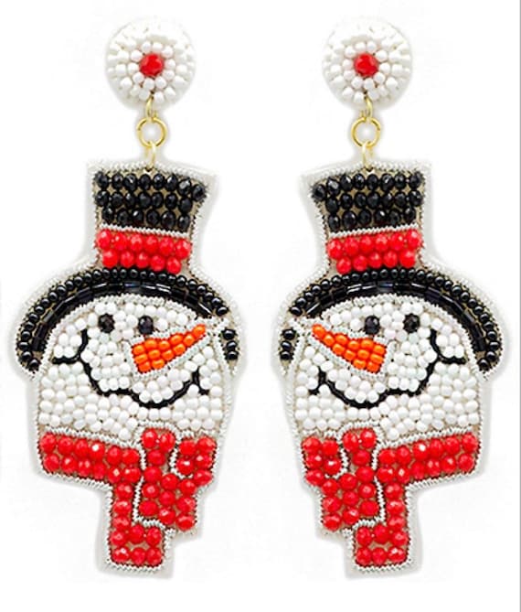 Snowman Seed Bead Statement Earrings With Hat Scarf and Carrot Nose Etsy