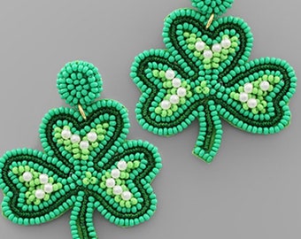 St. Patrick’s Day Green Beaded Shamrock Clover Statement Earrings