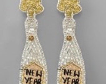 Champagne bottle Happy New Year  Beaded Statement Earrings for the Holidays