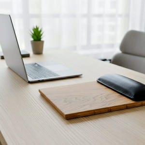 Handcrafted mousepad made from oak parquet with leather hand rest – sustainable wooden mousepad, ergonomic & oiled