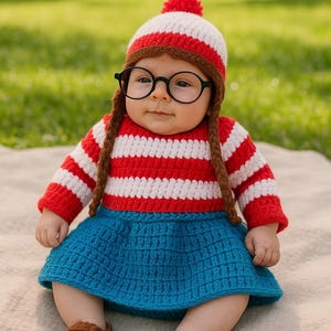 May include: A baby wearing a red and white striped crocheted dress with a matching hat and glasses. The baby is sitting on a white blanket.