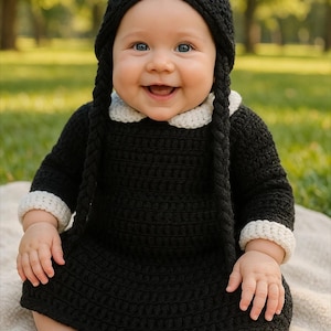Baby Wednesday Addams Outfit Sizes Newborn, 0-3,  3-6,  6-.9, 9-12 Months Photo Prop Costume. Handmade Crochet READY TO SHIP!