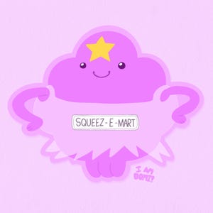 May include: A cartoon illustration of a purple cloud-like character with a yellow star on its head. The character has a smiling face and arms. A sign that reads "SQUEEZ-E-MART" is on the character's chest. The background is a light pink color.