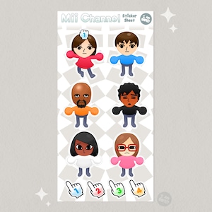 May include: A sticker sheet featuring characters from the Mii Channel. The sheet includes various Mii characters in different outfits and expressions, along with numbered hand icons. The text "Mii Channel" is at the top.