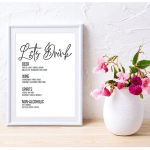Szablon menu baru weselnego Let's Drink, edytowalny znak Let's Drink na wesele i specjalne wydarzenie 8 x 10 cali