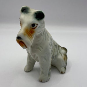 Cute Vintage Bone China White Blue and Brown Terrier Figurine