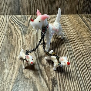 Cute Vintage Miniature Set of 3 Hand Blown Art Glass Terrier Type Dogs ~ Mom and Puppies