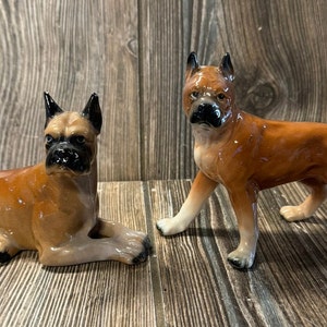 Beautiful Vintage Set of 2 Bone China Boxer Dog Figurines from the 1950&#39;s Japan