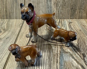 Vintage 1960's Set of 3 Bone China Brown Boxer Dog Figurines ~ Mom and 2 Puppies ~So Cute