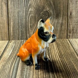 Vintage Hand Painted Small Bone China Sitting Boxer Dog Figurine in Nice Condition