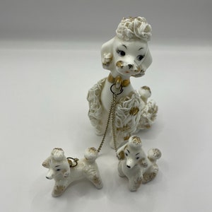 Exquisite and Rare Vintage White & Gold Napco Mother Poodle and Puppies in Great Condition
