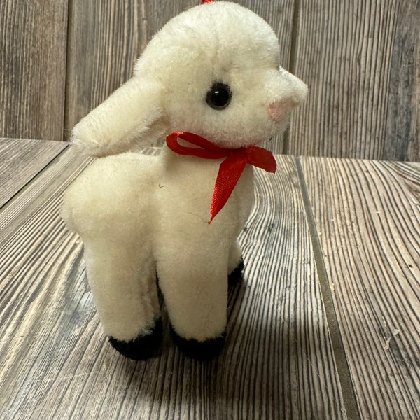 Vintage Adorable Small Mohair Lamb with a Red Bow