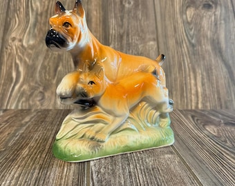 1950's Bone China Brown Boxer Dog with Puppy Figurine in Excellent Condition
