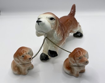 Rare Vintage Bone China Irish Setter Mom and Puppies Figurine from Japan