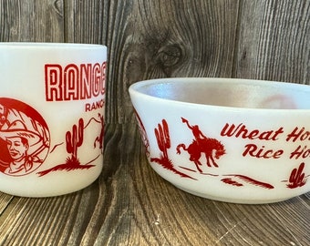 Vintage 1950's Ranger Joe White Milk Glass Round Up Bowl and Ranch Mug Set for Kids