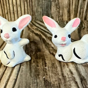 Very Cute Vintage Set of 2 Miniature Handpainted White Bunny Rabbit Figurines in Bone China