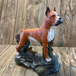 Beautiful Hand Painted Ceramic Boxer Dog on Rocks Figurine from the 1990&#39;s