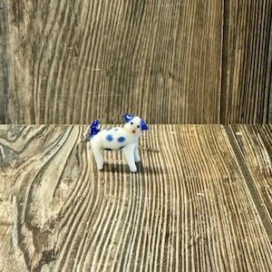 Vintage Miniature Adorable White and Blue Hand-Blown Art Glass Dog Figurine