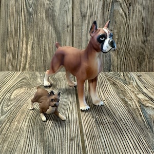 Very Cute Set of 2 Brown Boxer Dog Figurines ~Porcelain and Bone China ~Big Dog and Puppy