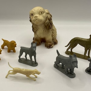 Vintage Lot of 8 Small Plastic Dog Figures and Cute Rubber Cocker Spaniel Toy