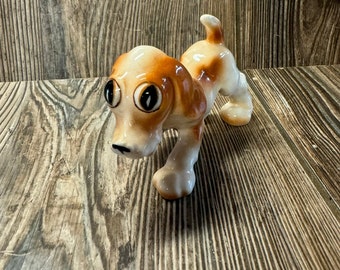 Vintage 1960's Bone China Cute and Whimsical Brown and White Hound Dog Figurine