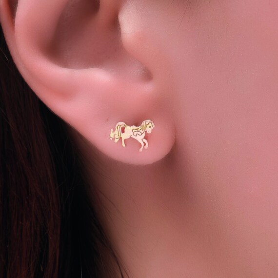14k Gold Horse Earrings Cute Horse Studs Animal Earrings Etsy