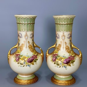 Antique Austrian Amphora Porcelain Vase Pair – Hand-Painted, Art Nouveau Style, 37 cm Tall