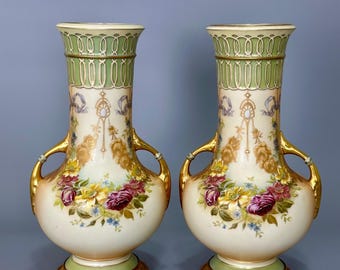 Antique Austrian Amphora Porcelain Vase Pair – Hand-Painted, Art Nouveau Style, 37 cm Tall