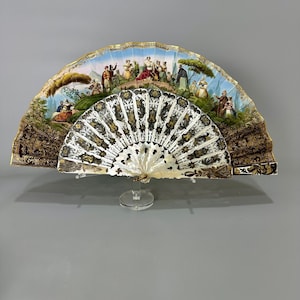 Fine Antique French Hand Painted Hand Fan, Carved Mother of Pearl Guards, Sticks, Dated 1883
