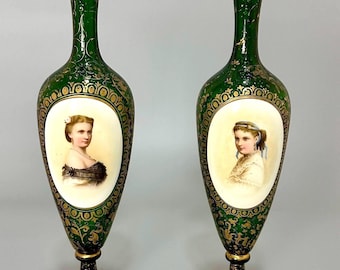 Pair of Bohemian Glass vases decorated with hand painted porcelain plaques