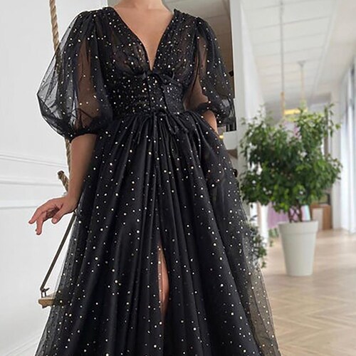 Black Starry Tulle Prom Dress Sparkly V 