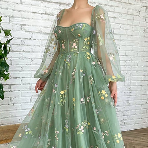 Dusty Green Embroidery Flowers Tulle Prom Dress Deep V-neck | Etsy UK