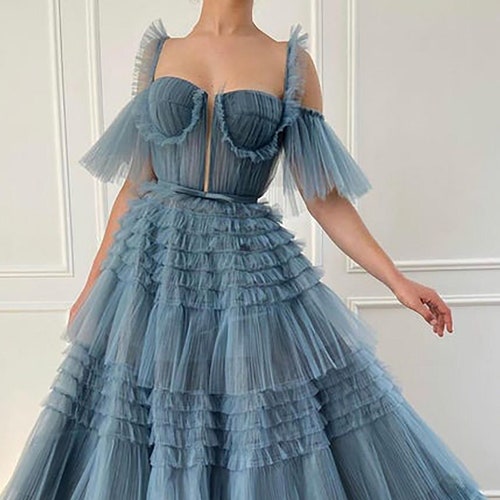 Dusty Blue Long Prom Dress Fairy Sweetheart Crumpled Tulle - Etsy