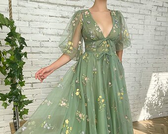 PaulDesignUK Dusty Green Embroidery Flowers Tulle Prom Dress, Deep V-Neck Half Sleeves Tea-Length Tulle Ball Gown Wedding Dress