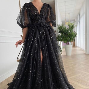 Black Starry Tulle Prom Dress Sparkly V 