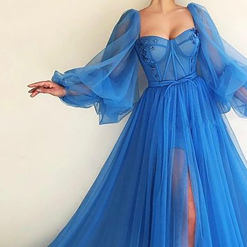 Blue Prom Dress Long Puff Sleeves 
