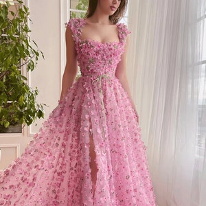 Elegant 3D Rose Petals Prom Dresspink Lace Tulle Ball Gown - Etsy
