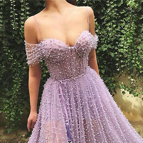 Hand Made Lilac Pearl Lace Tulle Prom Dress off Shoulder | Etsy UK