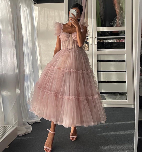 Blush Sweetheart Straps Prom Dress Fairy Tea Length Prom - Etsy