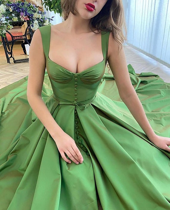 Elegante vestido de fiesta verde hada correas de tafetán Etsy México