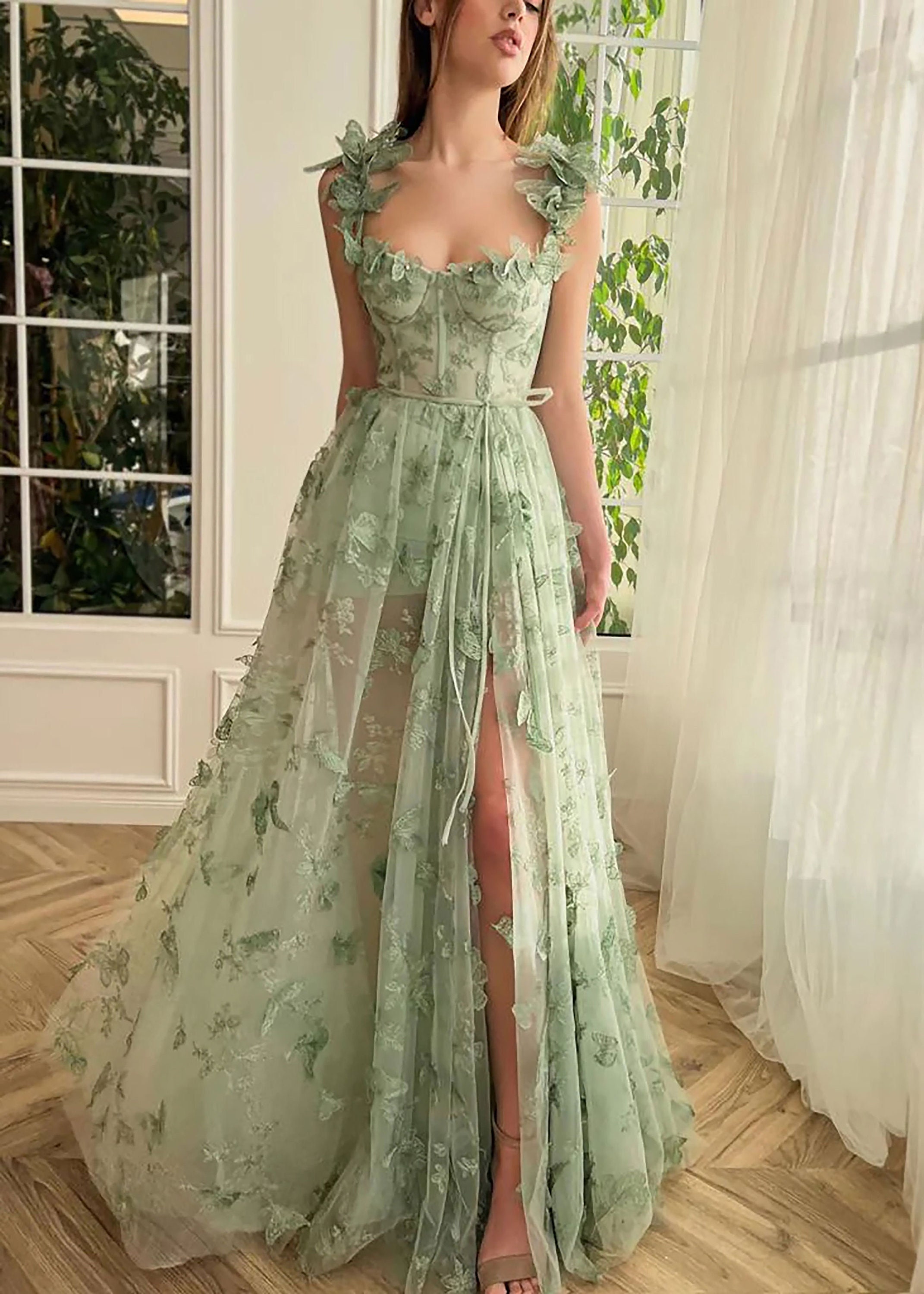 Lace Wedding Dresslight Green Butterfly Gown Etsy
