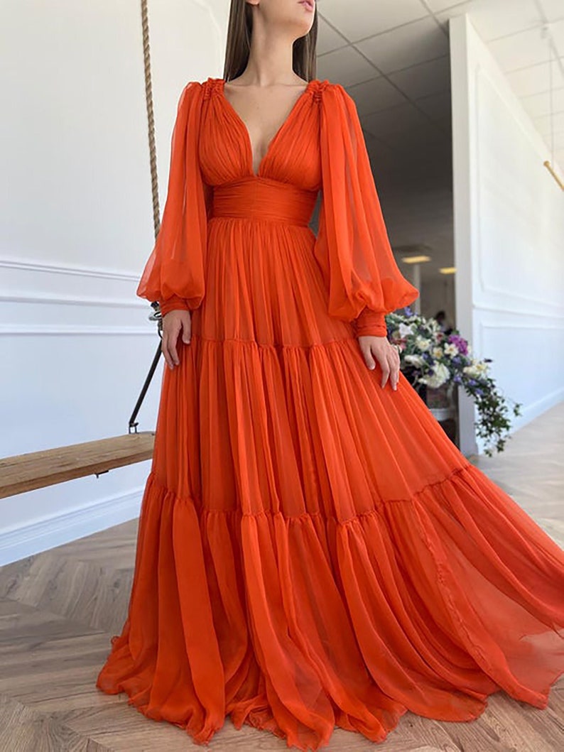 Simple Orange Chiffon Prom Dress Long Sleeves Deep V-neck - Etsy
