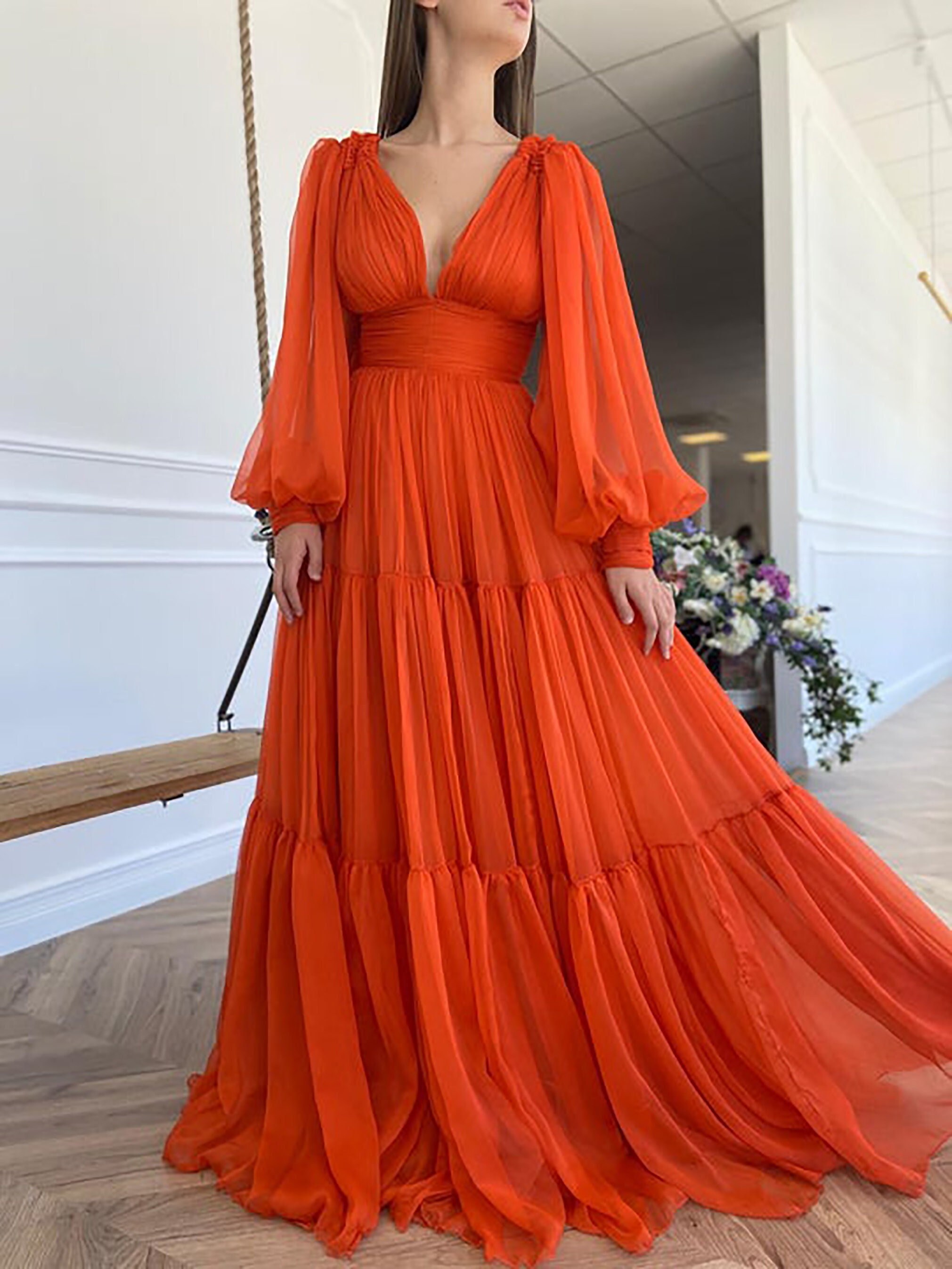 Simple Orange Chiffon Prom Dress Long Sleeves Deep V-neck - Etsy UK