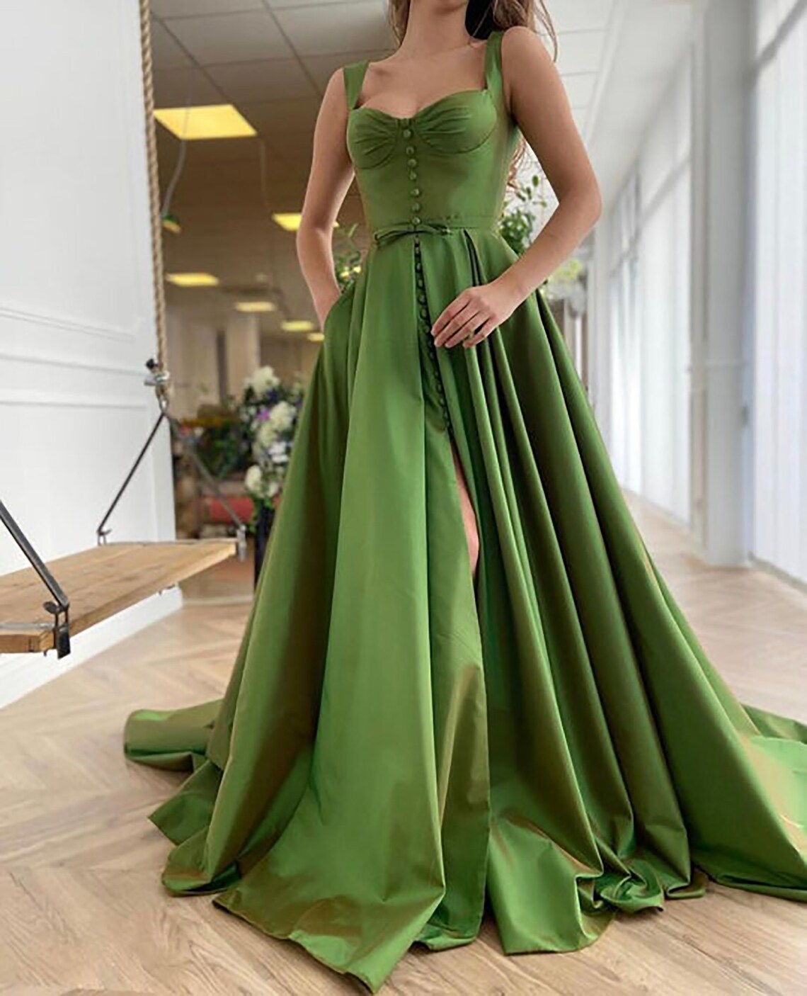 Elegant Green Prom Dress Fairy Straps Taffeta Long Prom Dress Etsy