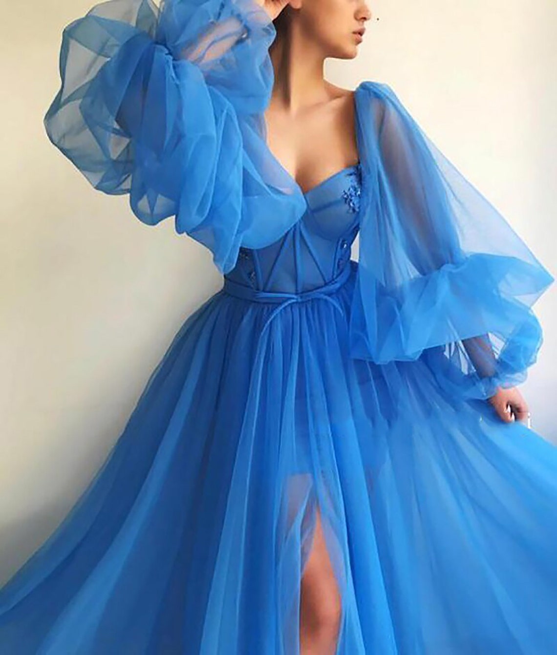 Simple Blue Prom Dress Long Puff Sleeves Exposed Boning Etsy