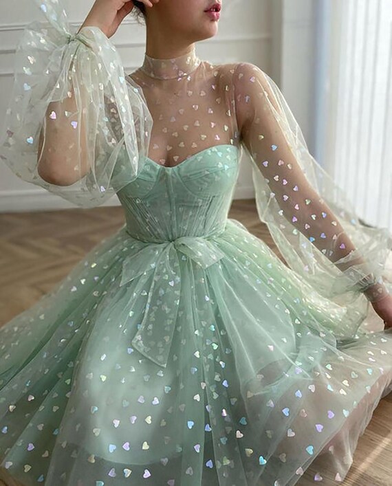 Mint Green Mini Prom Dress Long Long Sleeves Printed Hearts Etsy Uk