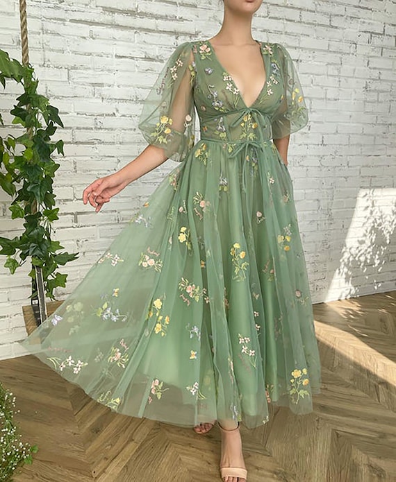 Dusty Green Embroidery Flowers Tulle Prom Dress Deep V-neck - Etsy